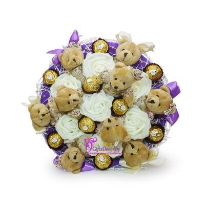 Букет из 9 мишек с Ferrero Rocher фиолетовый